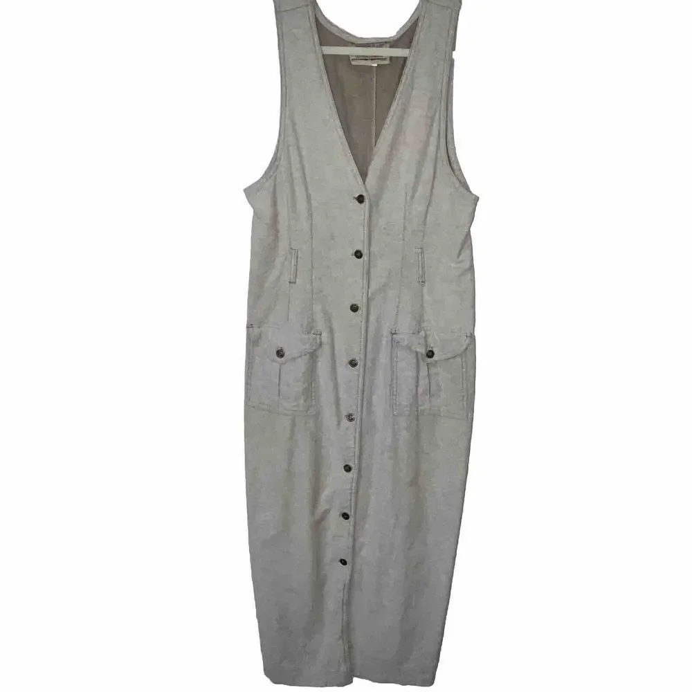 VTG MIDI Denim? Tank Dress Size 10 Tan Beige Button Down Cotton Made In USA 90s*